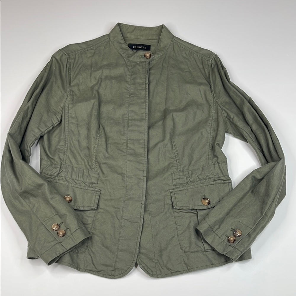 Talbots Linen Blend Safari Mock Neck Jacket Army Green Size Medium